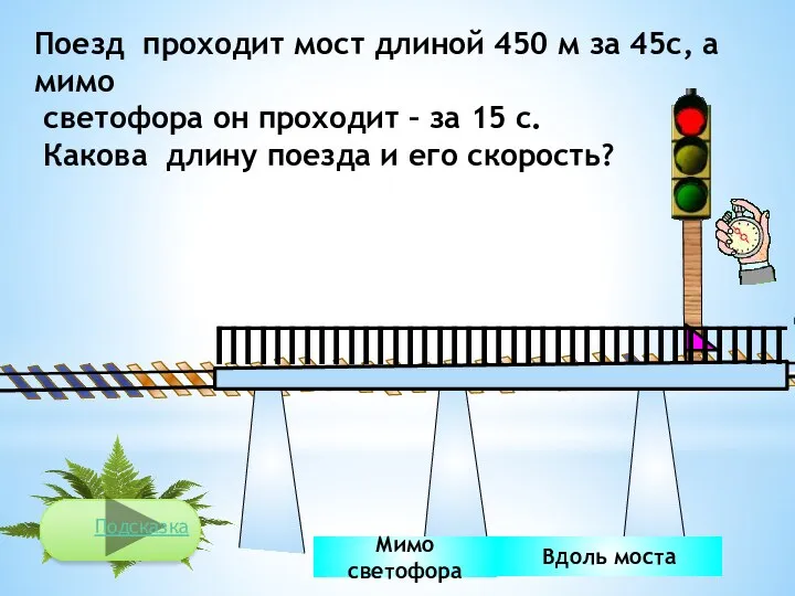 Вдоль моста Мимо светофора Поезд проходит мост длиной 450 м за