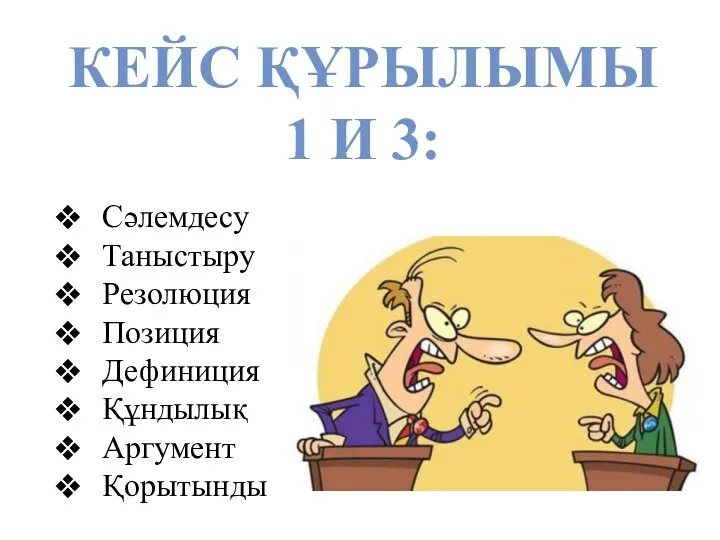 КЕЙС ҚҰРЫЛЫМЫ 1 И 3: Сәлемдесу Таныстыру Резолюция Позиция Дефиниция Құндылық Аргумент Қорытынды