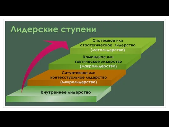 Лидерские ступени Внутреннее лидерство Ситуативное или контекстуальное лидерство (микролидерство) Командное или