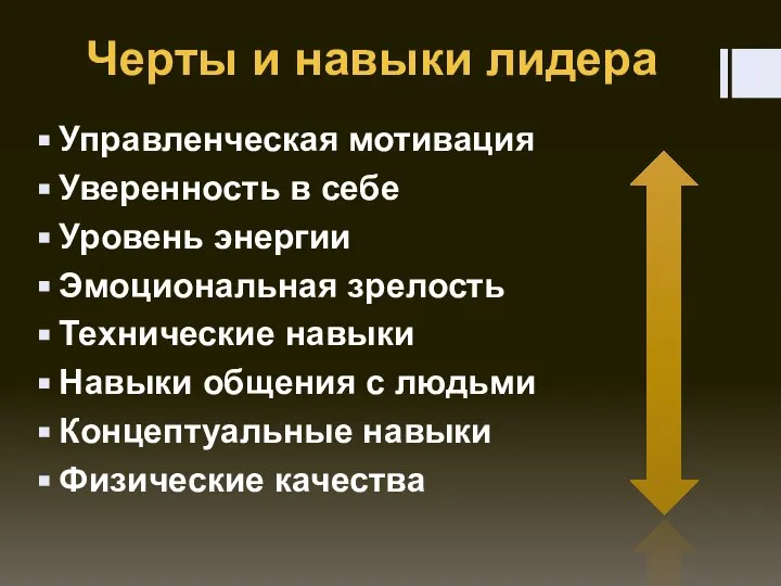 Черты и навыки лидера Управленческая мотивация Уверенность в себе Уровень энергии