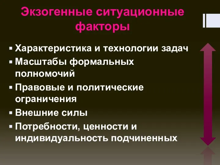 Экзогенные ситуационные факторы Характеристика и технологии задач Масштабы формальных полномочий Правовые