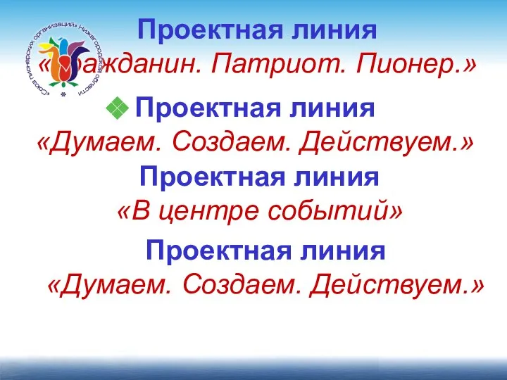 Проектная линия «Гражданин. Патриот. Пионер.» Проектная линия «Думаем. Создаем. Действуем.» Проектная