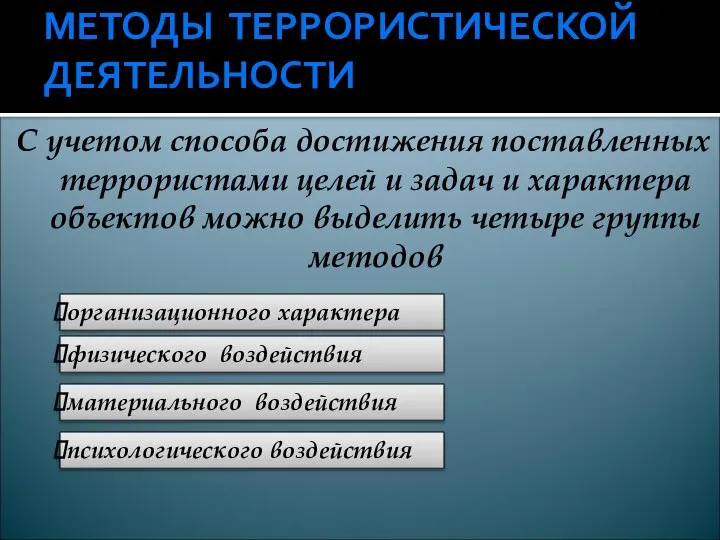 МЕТОДЫ ТЕРРОРИСТИЧЕСКОЙ ДЕЯТЕЛЬНОСТИ С учетом способа достижения поставленных террористами целей и