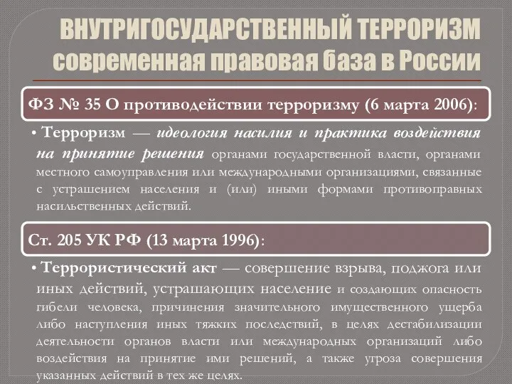 ВНУТРИГОСУДАРСТВЕННЫЙ ТЕРРОРИЗМ современная правовая база в России