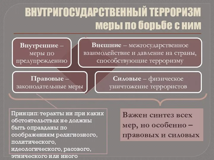 ВНУТРИГОСУДАРСТВЕННЫЙ ТЕРРОРИЗМ меры по борьбе с ним Принцип: теракты ни при