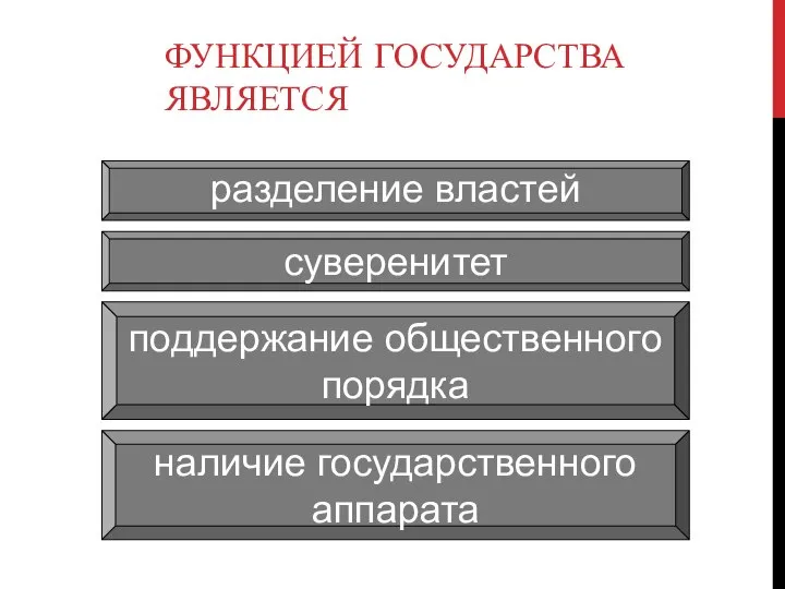 ФУНКЦИЕЙ ГОСУДАРСТВА ЯВЛЯЕТСЯ наличие государственного аппарата поддержание общественного порядка суверенитет разделение властей