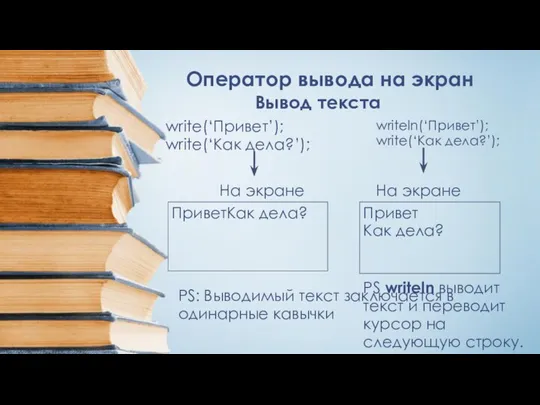 Оператор вывода на экран Вывод текста write(‘Привет’); write(‘Как дела?’); ПриветКак дела?