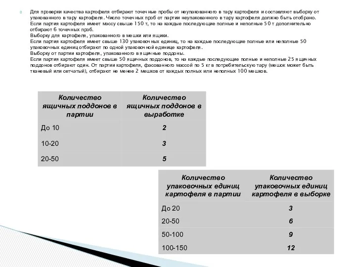 Для проверки качества картофеля отбирают точечные пробы от неупакованного в тару