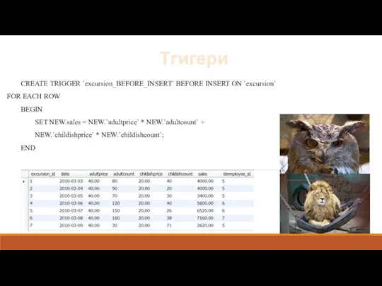 Тгигери CREATE TRIGGER `excursion_BEFORE_INSERT` BEFORE INSERT ON `excursion` FOR EACH ROW