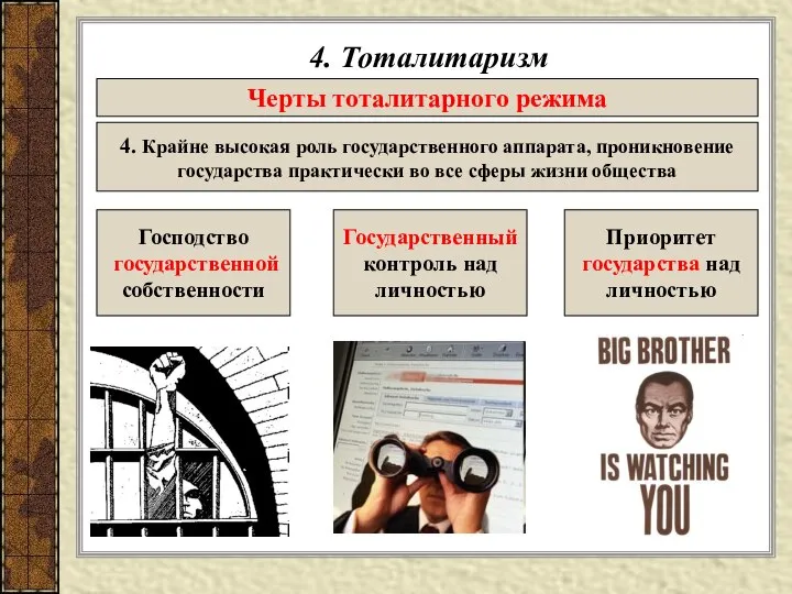 4. Тоталитаризм Черты тоталитарного режима 4. Крайне высокая роль государственного аппарата,