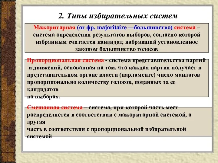 2. Типы избирательных систем Мажоритарная (от фр. majoritaire —большинство) система –