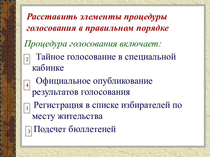 Расставить элементы процедуры голосования в правильном порядке Процедура голосования включает: Тайное