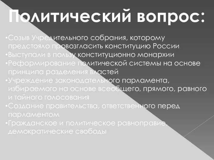 Политический вопрос: Созыв Учредительного собрания, которому предстояло провозгласить конституцию России Выступали