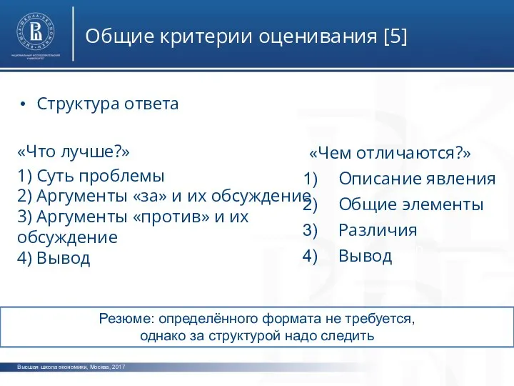 Высшая школа экономики, Москва, 2017 Общие критерии оценивания [5] фото фото