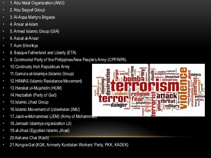 1. Abu Nidal Organization (ANO) 2. Abu Sayyaf Group 3. Al-Aqsa