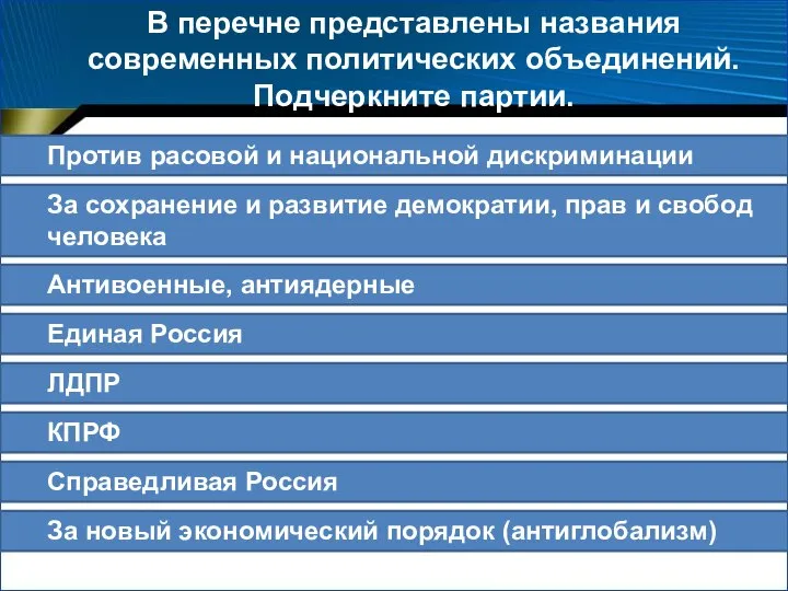 Против расовой и национальной дискриминации В перечне представлены названия современных политических