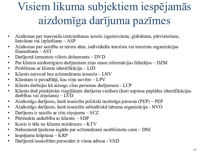 Visiem likuma subjektiem iespējamās aizdomīga darījuma pazīmes Aizdomas par masveida iznīcināšanas