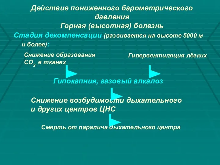 Действие пониженного барометрического давления Горная (высотная) болезнь Стадия декомпенсации (развивается на