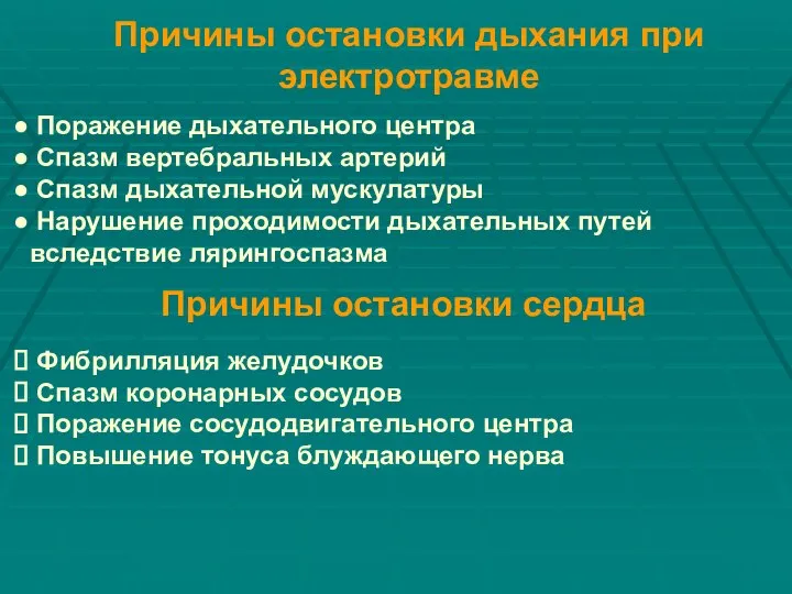 Причины остановки дыхания при электротравме Поражение дыхательного центра Спазм вертебральных артерий