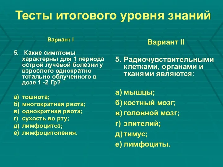 Тесты итогового уровня знаний Вариант I 5. Какие симптомы характерны для