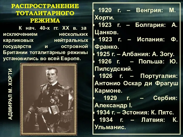 1920 г. – Венгрия: М. Хорти. 1923 г. – Болгария: А.