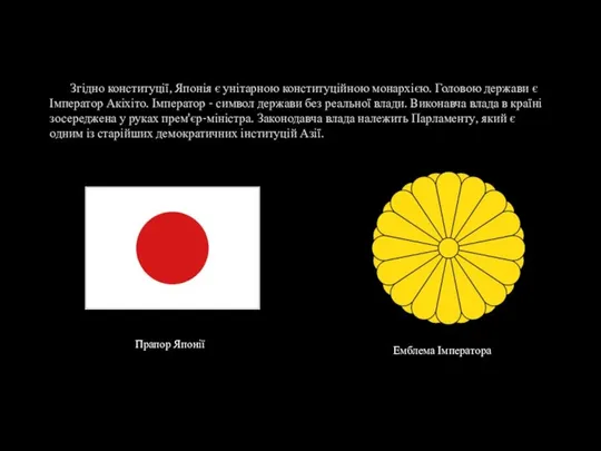 Згідно конституції, Японія є унітарною конституційною монархією. Головою держави є Імператор