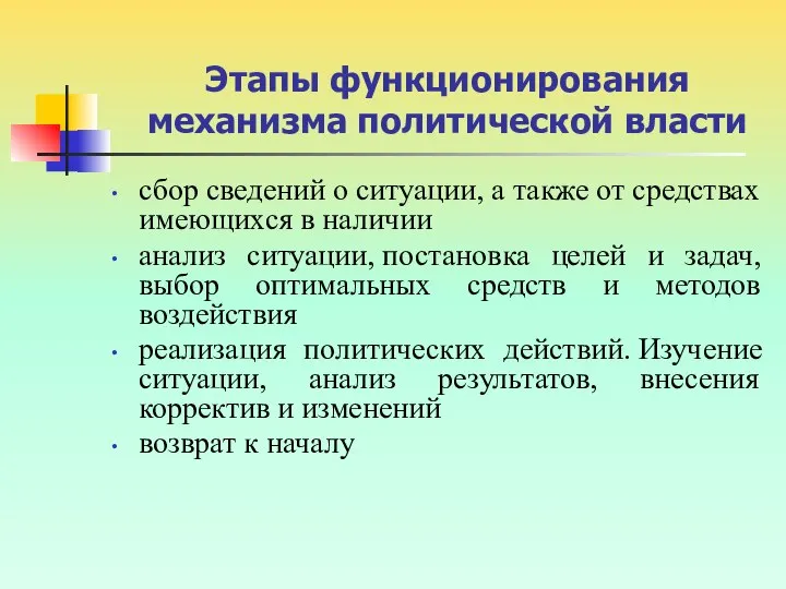 Этапы функционирования механизма политической власти сбор сведений о ситуации, а также