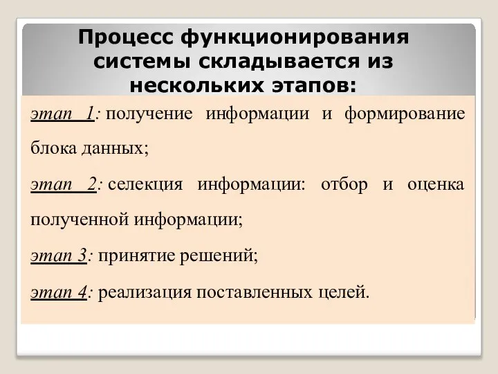 Процесс функционирования системы складывается из нескольких этапов: этап 1: получение информации