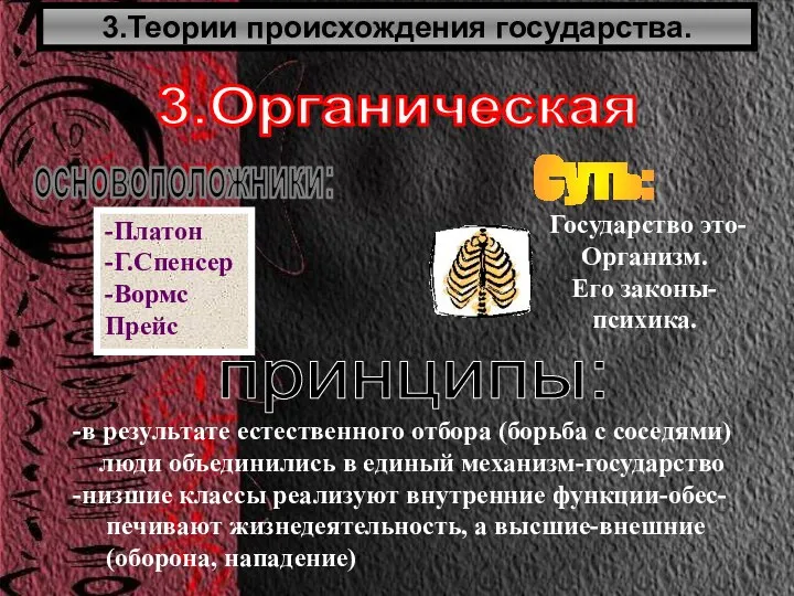 3.Теории происхождения государства. 3.Органическая основоположники: -Платон -Г.Спенсер -Вормс Прейс Суть: принципы: