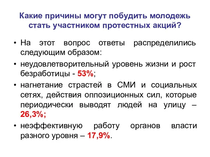 Какие причины могут побудить молодежь стать участником протестных акций? На этот