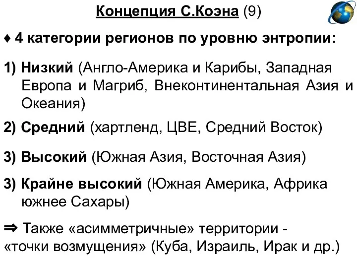 Концепция С.Коэна (9) ♦ 4 категории регионов по уровню энтропии: ⇒