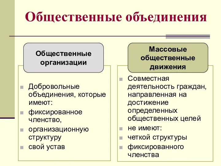 Общественные объединения Добровольные объединения, которые имеют: фиксированное членство, организационную структуру свой