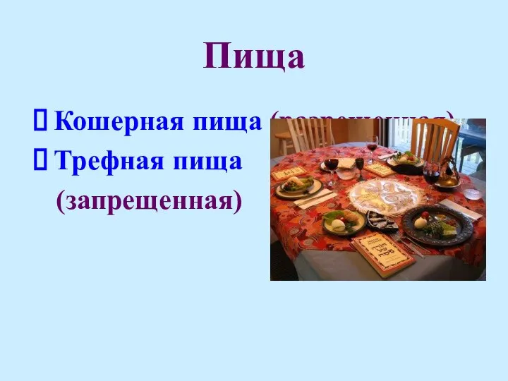 Пища Кошерная пища (разрешенная) Трефная пища (запрещенная)