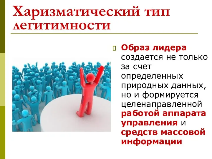 Харизматический тип легитимности Образ лидера создается не только за счет определенных