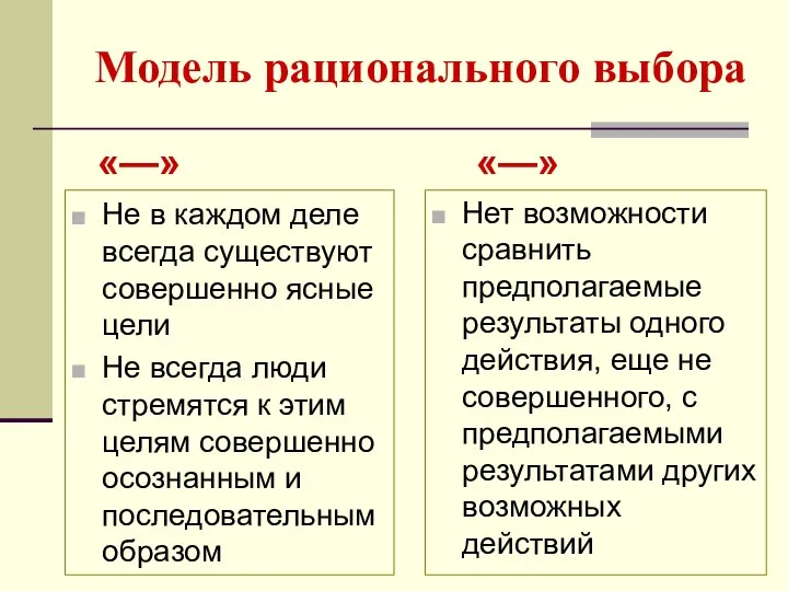 Модель рационального выбора Не в каждом деле всегда существуют совершенно ясные