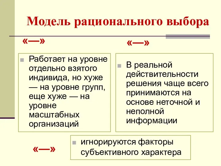 Модель рационального выбора Работает на уровне отдельно взятого индивида, но хуже