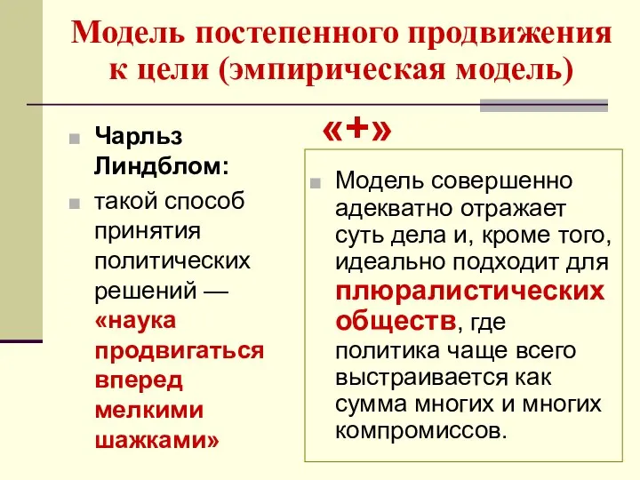 Модель постепенного продвижения к цели (эмпирическая модель) Чарльз Линдблом: такой способ