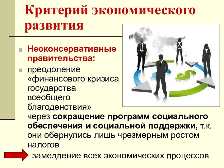 Критерий экономического развития Неоконсервативные правительства: преодоление «финансового кризиса государства всеобщего благоденствия»