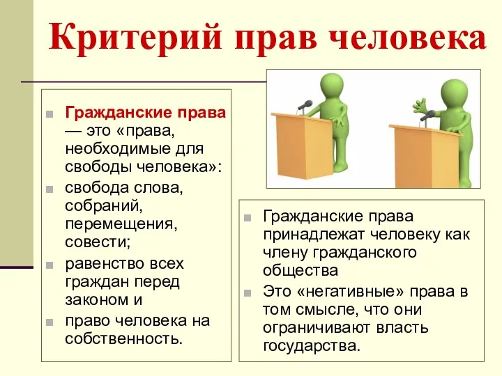 Критерий прав человека Гражданские права — это «права, необходимые для свободы