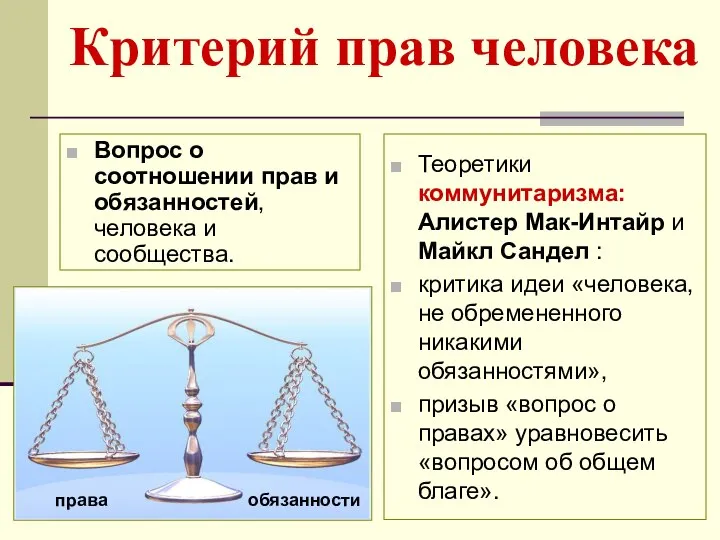 Критерий прав человека Вопрос о соотношении прав и обязанностей, человека и