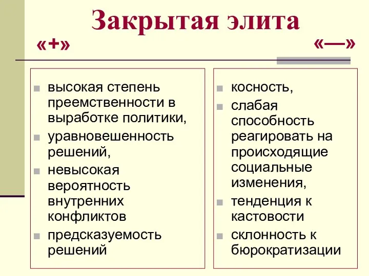 Закрытая элита высокая степень преемственности в выработке политики, уравновешенность решений, невысокая