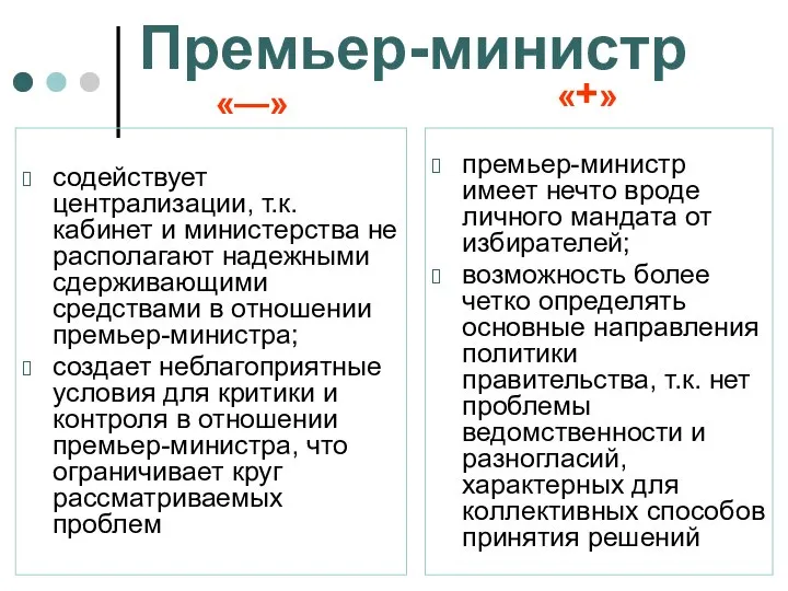 Премьер-министр содействует централизации, т.к. кабинет и министерства не располагают надежными сдерживающими