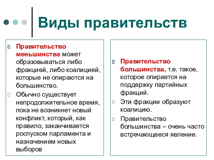 Виды правительств Правительство меньшинства может образовываться либо фракцией, либо коалицией, которые