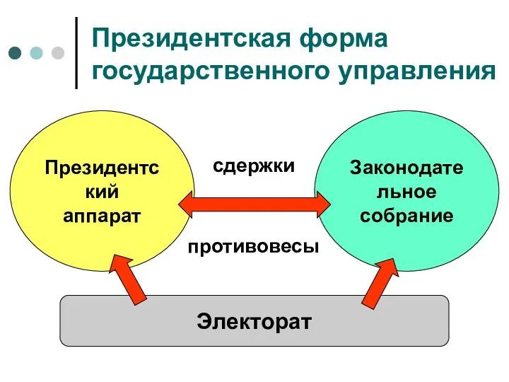 Президентская форма государственного управления Законодательное собрание Президентский аппарат Электорат сдержки противовесы