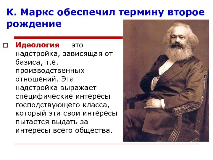 К. Маркс обеспечил термину второе рождение Идеология — это надстройка, зависящая