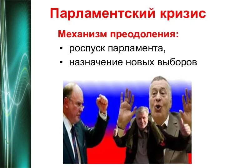 Парламентский кризис Механизм преодоления: роспуск парламента, назначение новых выборов