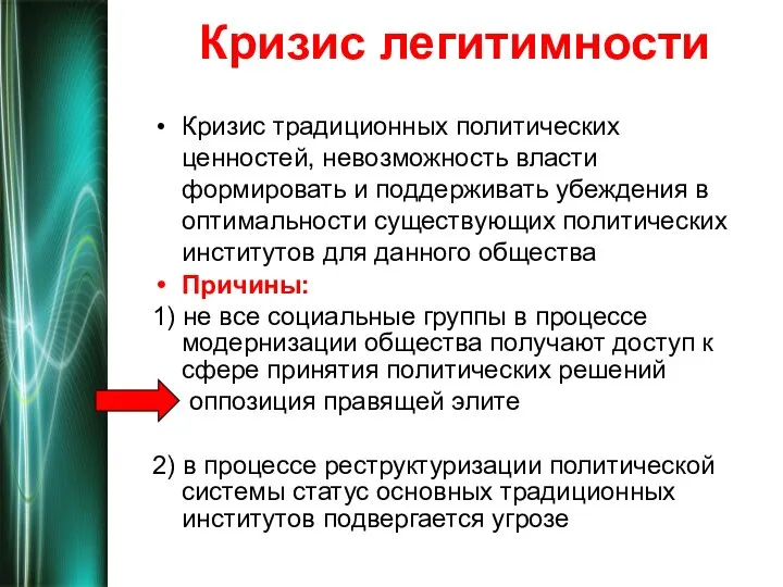 Кризис легитимности Кризис традиционных политических ценностей, невозможность власти формировать и поддерживать