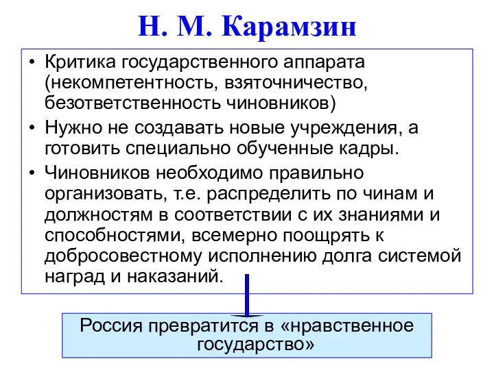 Н. М. Карамзин Критика государственного аппарата (некомпетентность, взяточничество, безответственность чиновников) Нужно