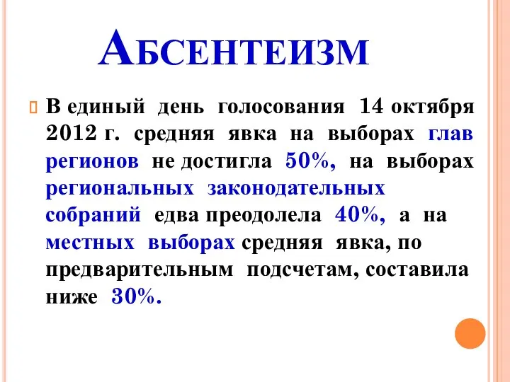 Абсентеизм В единый день голосования 14 октября 2012 г. средняя явка