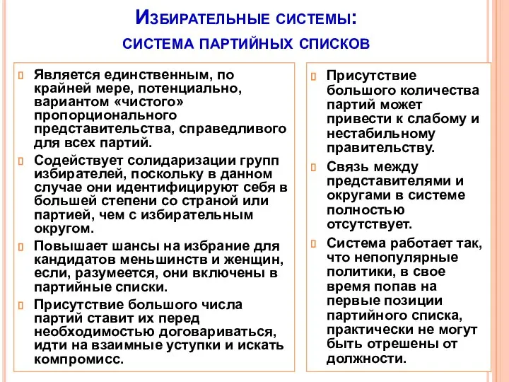 Избирательные системы: система партийных списков Является единственным, по крайней мере, потенциально,